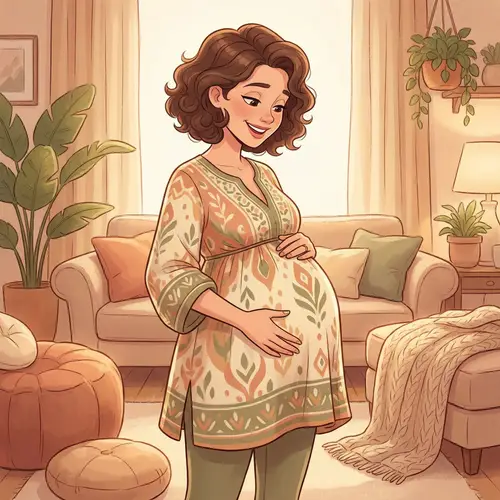 Joyful Cartoon Pregnant Woman in Maternity Style