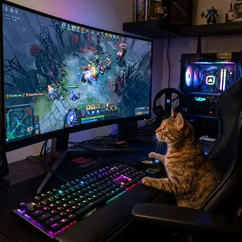 Domestic Cat Playing Dota 2 - Gaming Computer Setup