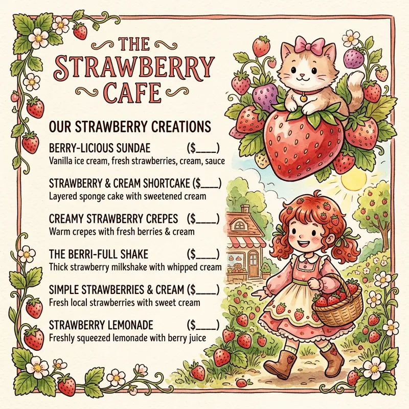 Whimsical Strawberry Delights Menu with Unique Characters