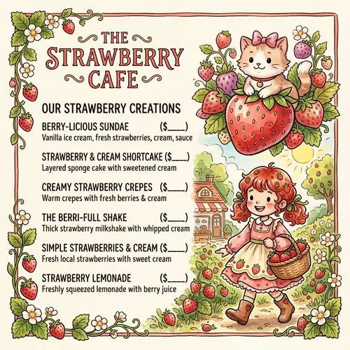 Delightful Strawberry Cream Menu with Charming Characters