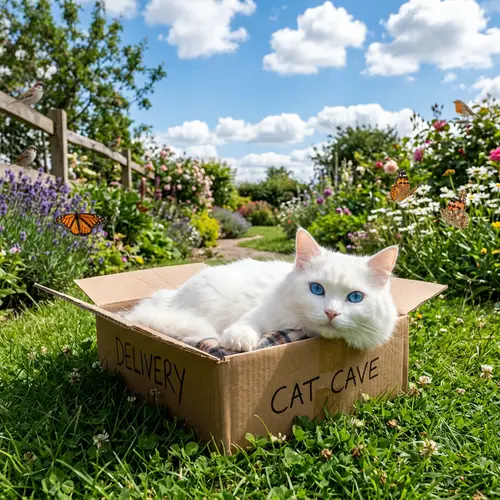White Fluffy Cat with Blue Eyes | Pet Scene in Cardboard Box