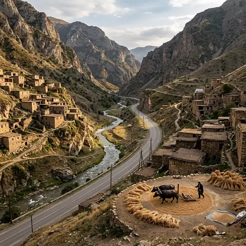 Mountain Valley River Highway Paths Houses Stone Wall Sakli in Derbent