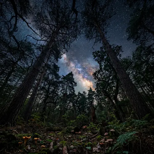 Forest Floor Universe: Serene Night Among Majestic Trees