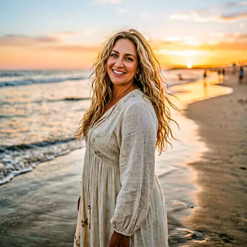 Confident Plus-Size Hispanic Woman on Serene Beach at Sunset
