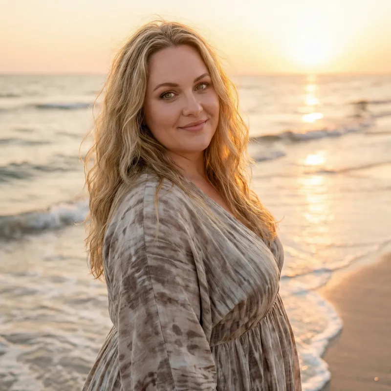 Stunning Plus-Size Woman on Beach at Sunset | Natural Beauty Stunning Plus-Size Woman on Beach at Sunset | Natural Beauty