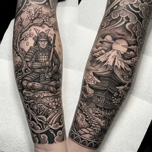 Japanese Samurai Tattoo Design with Cherry Blossom Tree and Temple