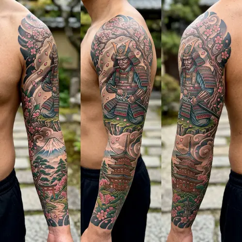 Vibrant Samurai Sleeve Tattoo with Japanese Temple and Mount Fuji