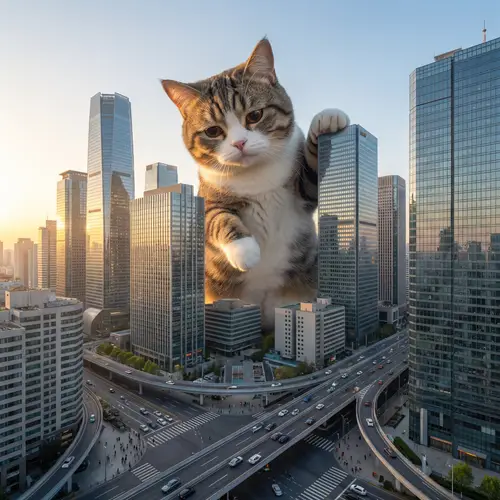 Giant Cat in Urban Landscape - Enchanting City Scene