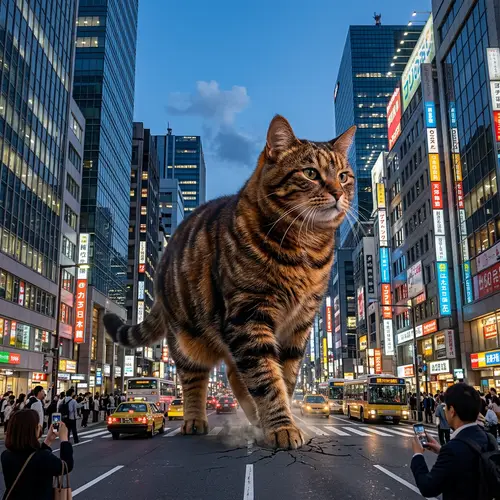 Gigantic Urban Cat Strutting through Cityscape