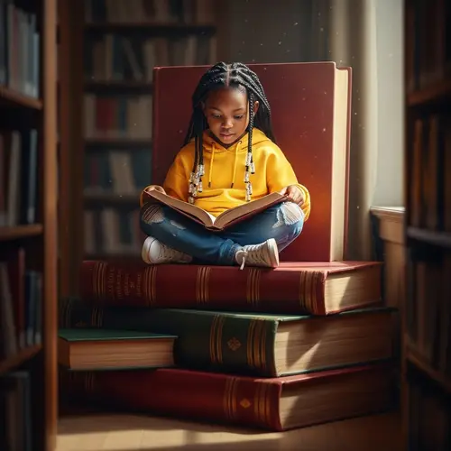 Black Girl with Braids Sitting on Books