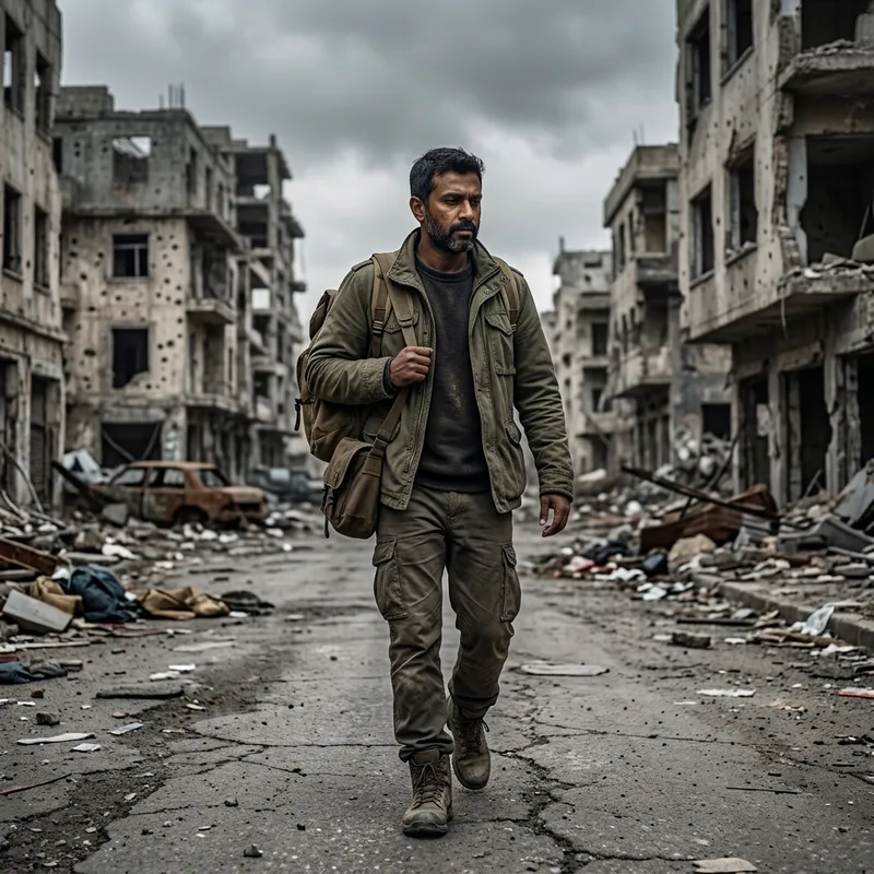 Resilient South Asian Man Walking Through Abandoned Post-War City