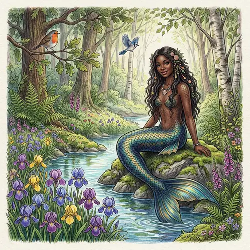 Dark-Skinned Mermaid in Forest with Birds and Wildflowers