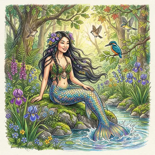 Asian Mermaid in Forest with Birds and Flowers | Pencil Drawing