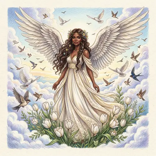 Dark-Skinned Female Angel with Long Brown Hair Surrounded by Clouds and Birds