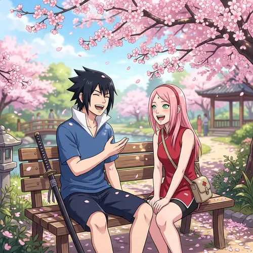 Sasuke & Sakura: Anime Characters Interaction Under Cherry Blossom Tree
