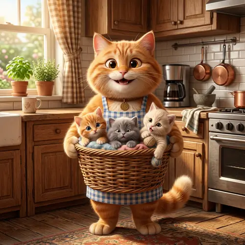 Funny 3D Orange Cat with Cute Kittens