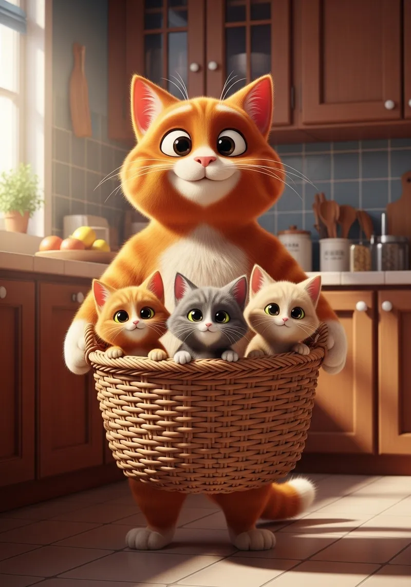 Funny 3D Orange Cat with Cute Kittens