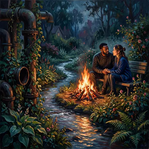 Vibrant Flame in a Dark Garden - Romantic Oil Painting