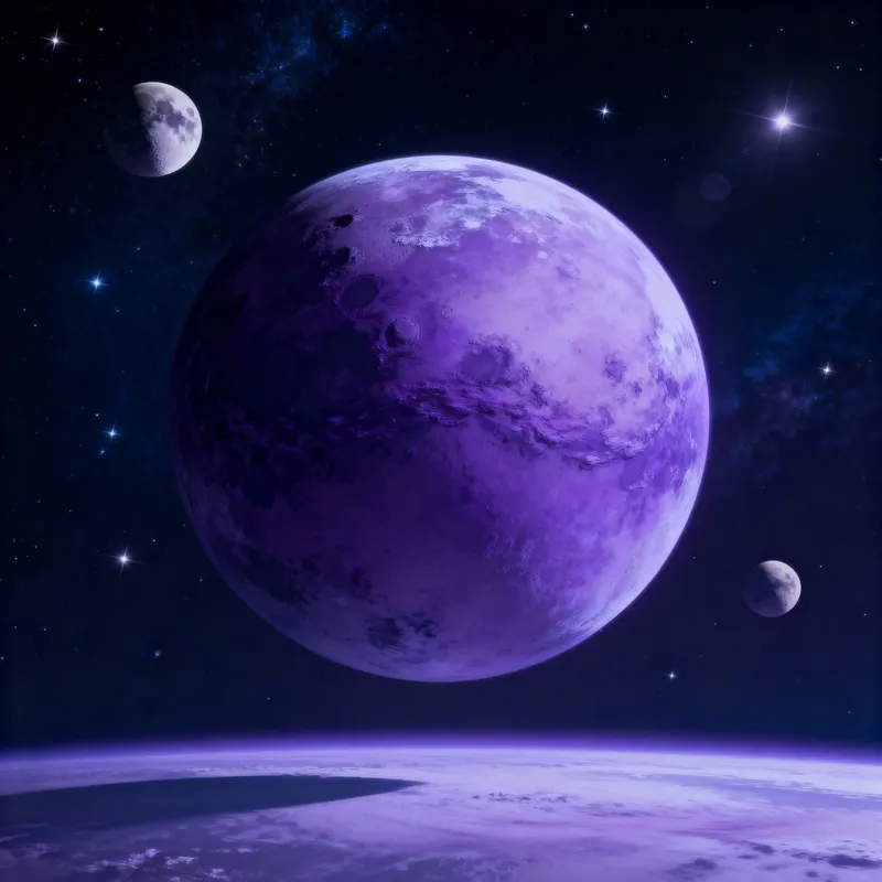 Majestic Purple Planet Surrounded by Stars & Moons