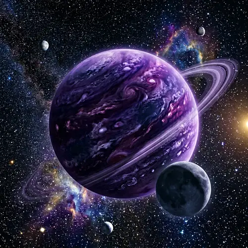 Majestic Purple Planet Surrounded by Stars & Moons