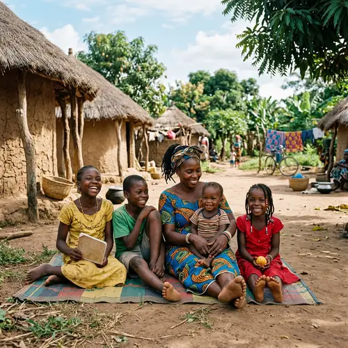 African Woman with Four Children in Village Scene