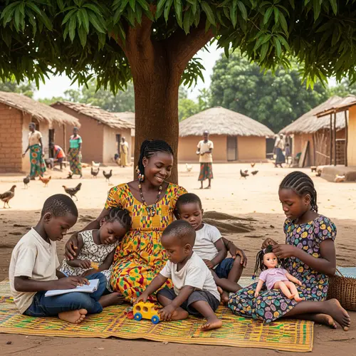 African Woman with Four Children in Village Scene