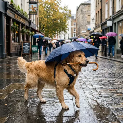 Dog with Umbrella: Cute Canine Sheltered from Rain