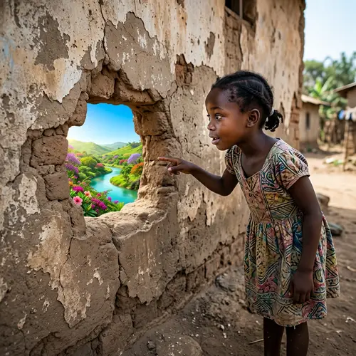African Girl Discovers Serenity Beyond Crumbling Wall