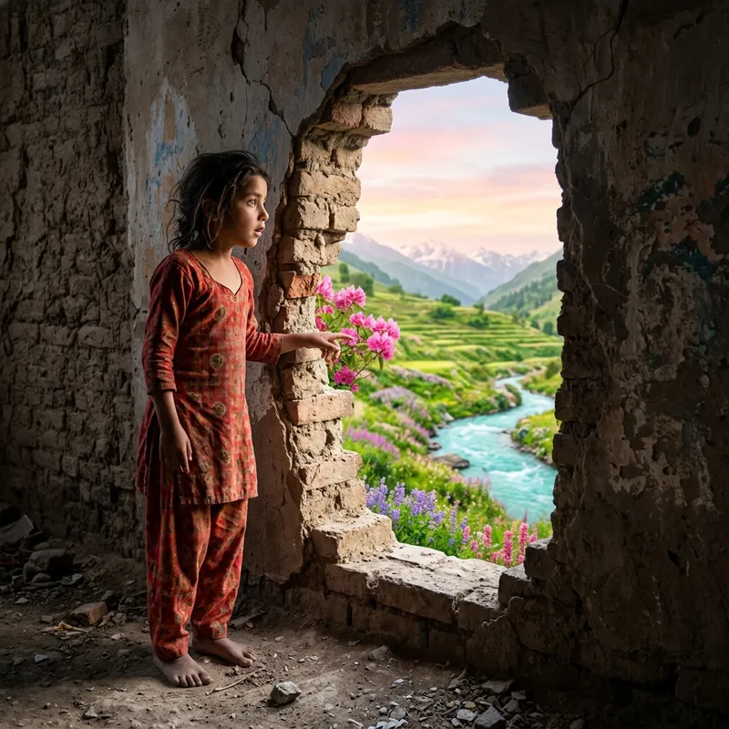 Girl Discovers Paradise Through Old Wall: A Touch of Beauty