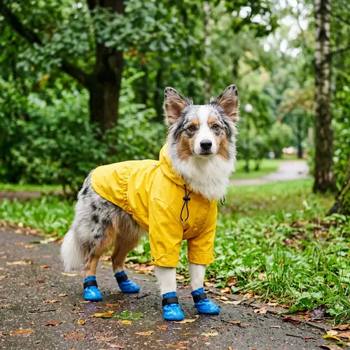 Adorable Australian Shepherd Dog in Yellow Raincoat and Blue Booties