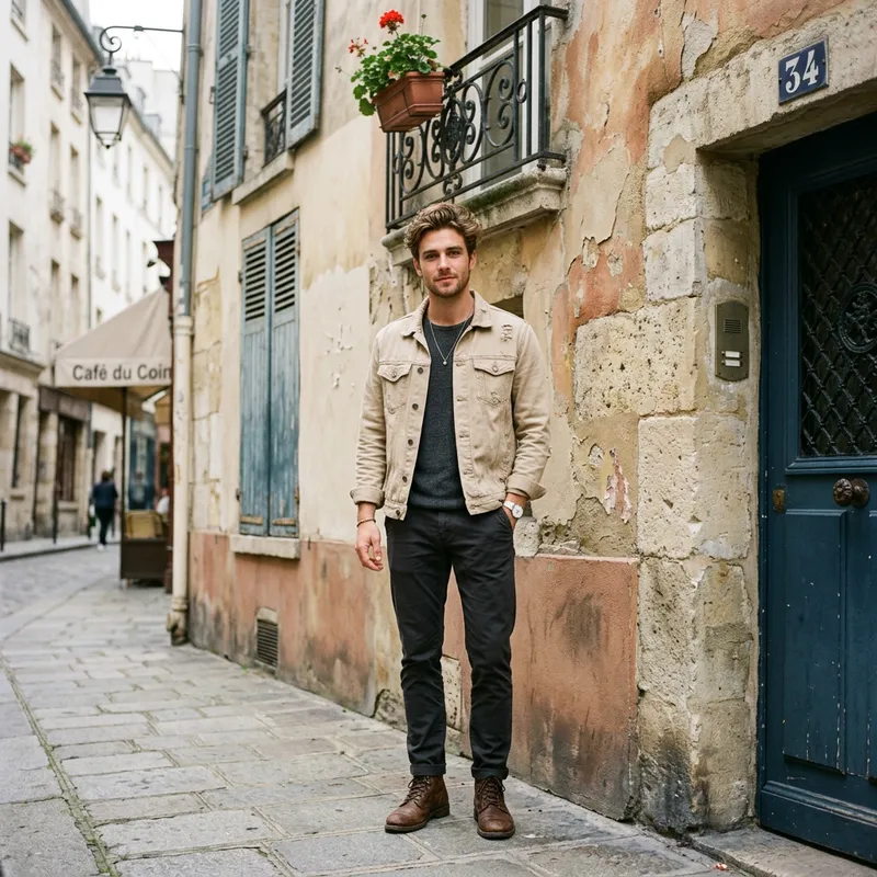 Stylish Caucasian Male Model in Beige Denim Jacket | Traditionally-Styled French Wall