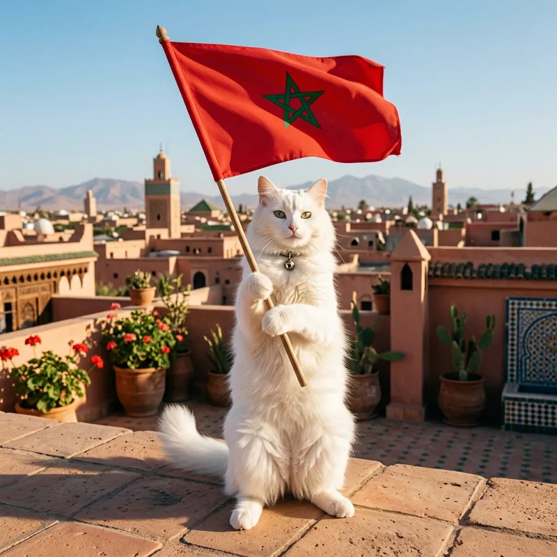 White Cat Holding Flag of Morocco - National Pride Moment White Cat Holding Flag of Morocco - National Pride Moment