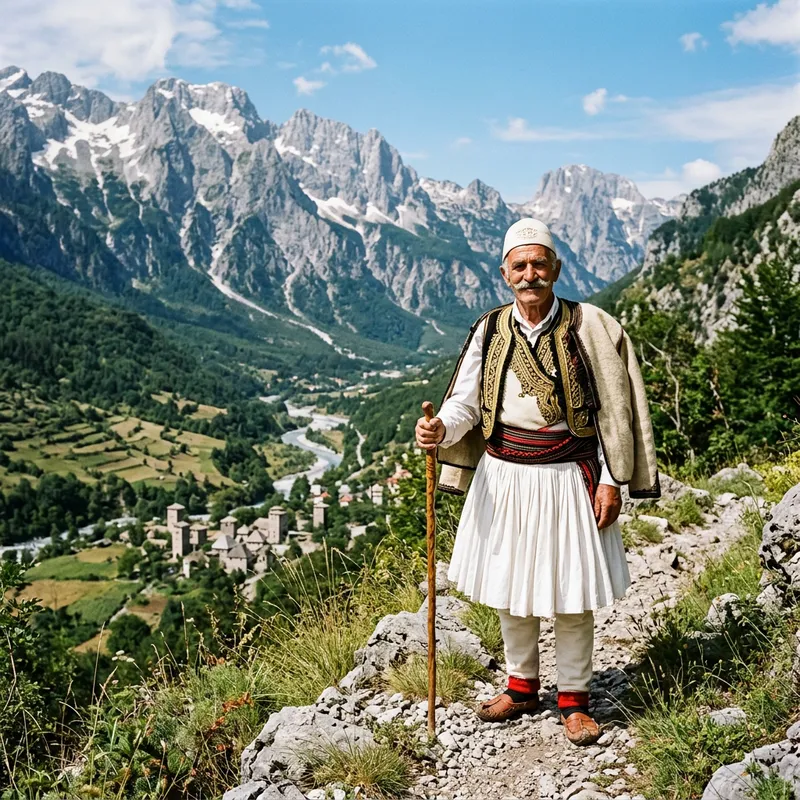Traditional Albanian Man in Cultural Landscape