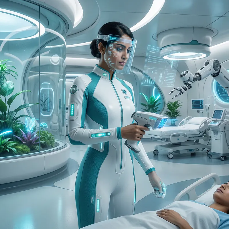 Futuristic South Asian Female Health Worker | Advanced Medical Tech