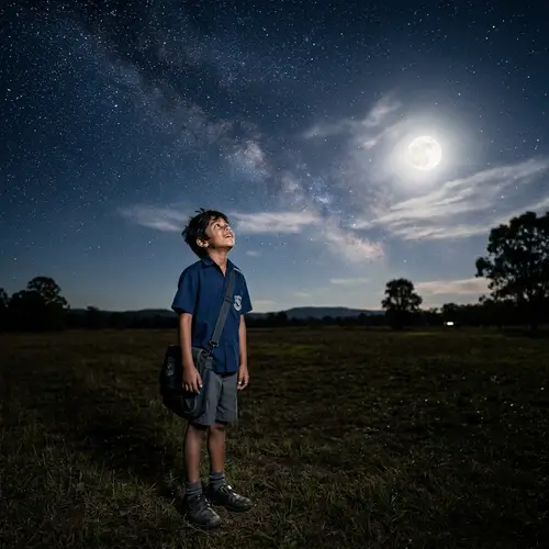 Young South Asian Boy Gazes in Wonder at Starry Night Sky