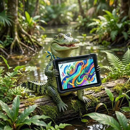 Funny Crocodile Holding Tablet | Digital Sketchpad Design
