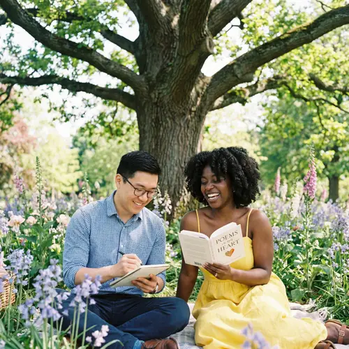 Serene Afternoon in Lush Green Park with East Asian Man and Black Woman