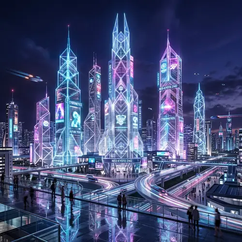 Futuristic Holographic Skyscrapers in Blue and Purple