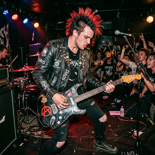 Rebellious Punk Guitarist with Anarchist Symbols - Rocking Out