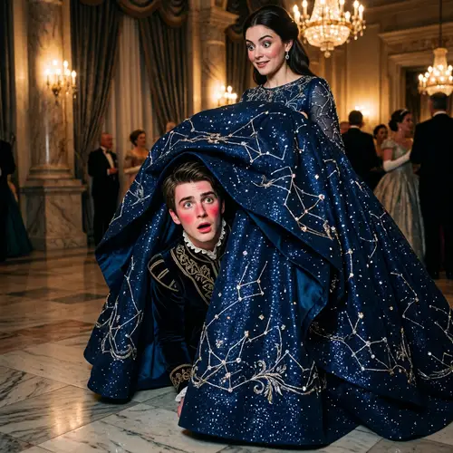 Royal Surprise Under Glowing Blue Gown - Enchanting Scene