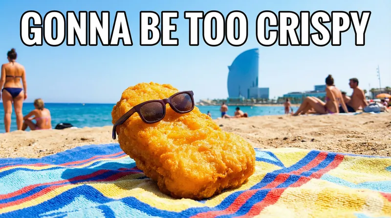 Fried Chicken Nugget Sunbathing at Barceloneta Beach Fried Chicken Nugget Sunbathing at Barceloneta Beach