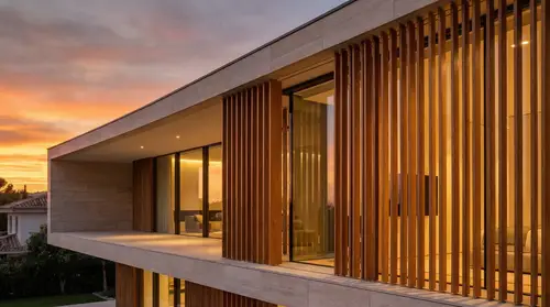 Modern Architectural Facade with Elegant Wooden Louvers