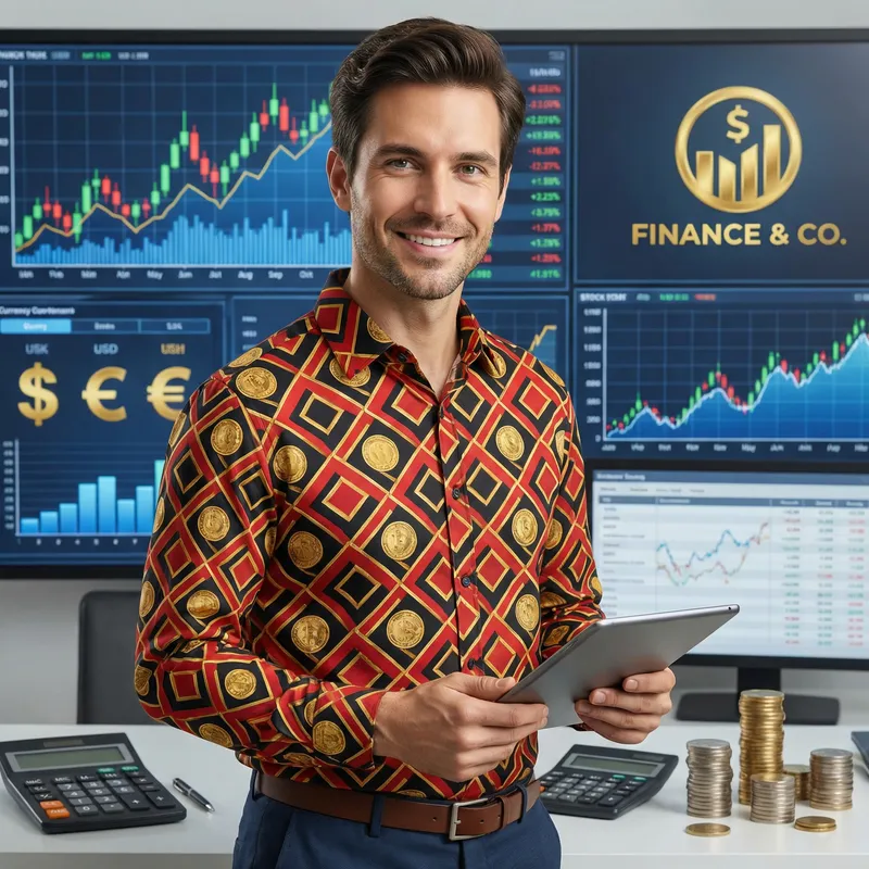 Stylish Man in Red, Black & Gold Financial Shirt
