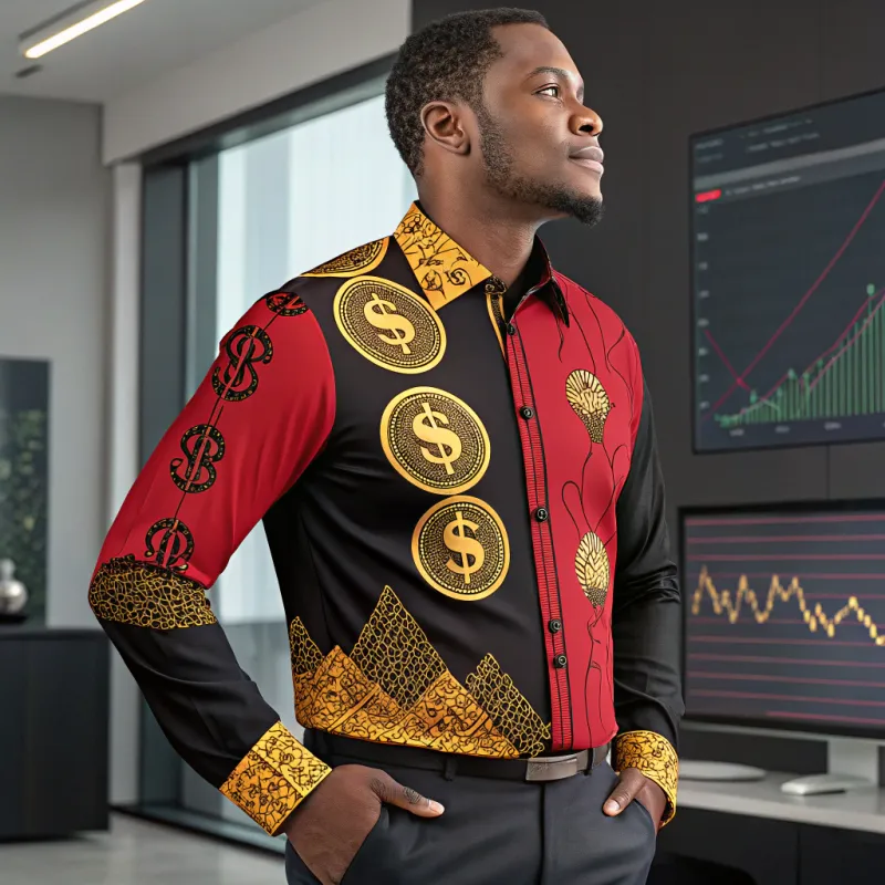 Stylish Man in Red, Black & Gold Financial Shirt Stylish Man in Red, Black & Gold Financial Shirt