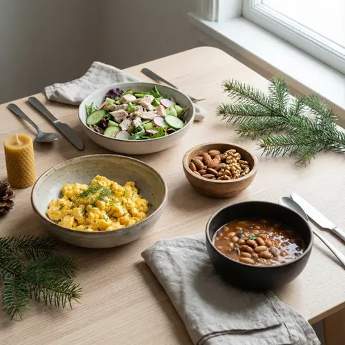 Nordic Style Meal Setting: Scrambled Eggs, Chicken Salad, Nuts & Bean Soup