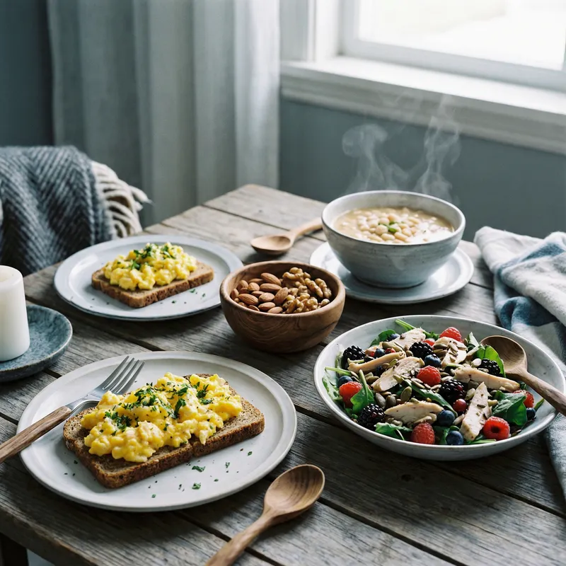 Nordic Table Spread: Scrambled Eggs, Chicken Salad, Almonds, Walnuts & Bean Soup