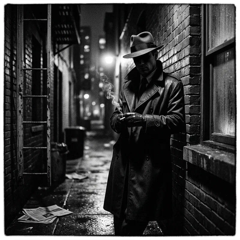 Shadowy Enigma: Stylish Film Noir Figure & Vintage Camera Capture