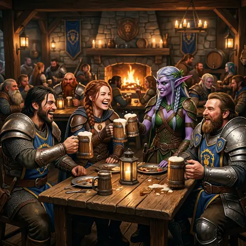 Humans and Night Elf Socializing in WoW Tavern