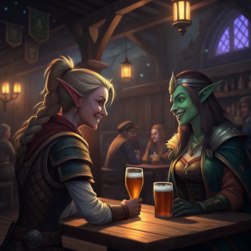 Humans and Night Elf Socializing in WoW Tavern