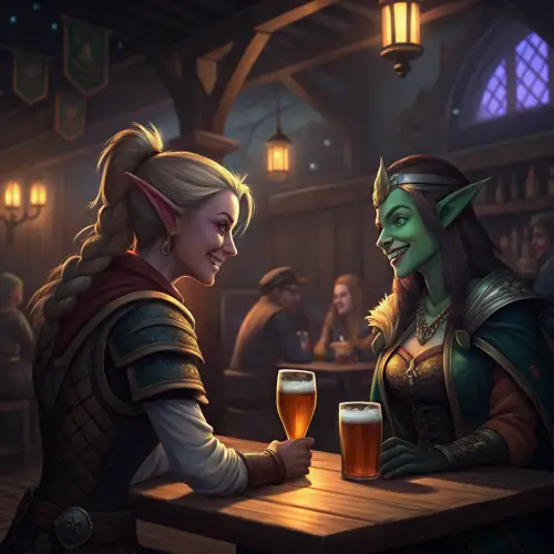 Humans and Night Elf Socializing in WoW Tavern